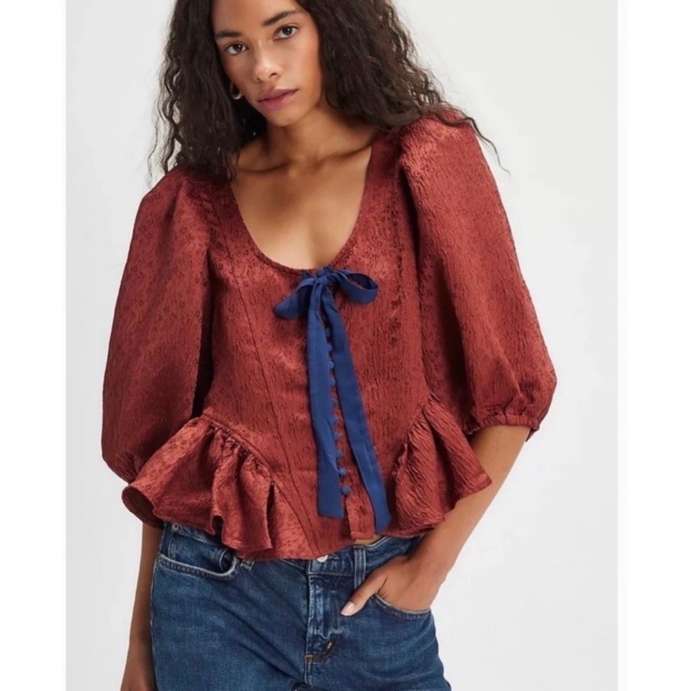 NWOT Free People Pamela Bow Top Spiced Rum Size M Medium Women's Button Front